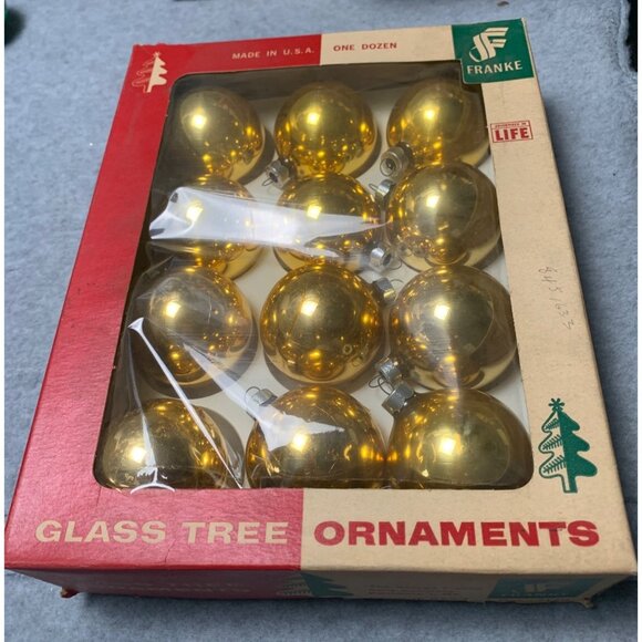 1960s Franke Glass Tree Ornaments Made In USA Gold Set of 12 Original Box - Picture 1 of 9